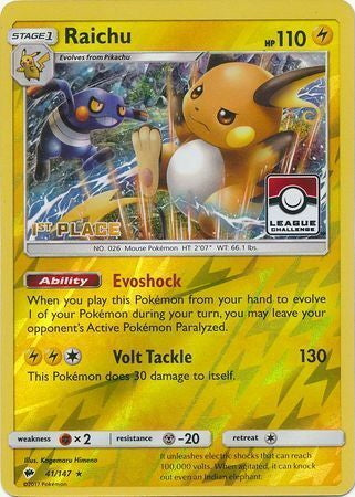 Burning Shadows Holo Raichu #41 First Place League Promo