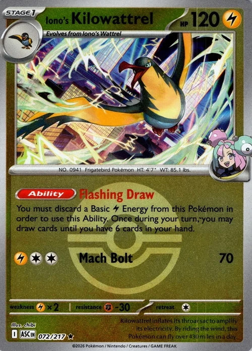 Ascended Heroes Iono’s Kilowattrel #072/217 Pokeball Reverse Holo