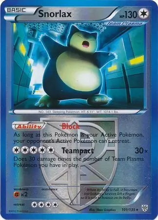 Plasma Storm Snorlax #101/135 reverse holo